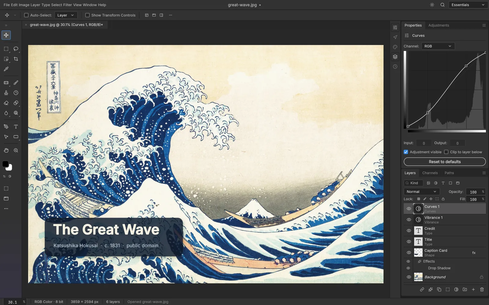 PhotoCraft editing Hokusai's The Great Wave with type layers, a drop shadow, and Vibrance and Curves adjustment layers
