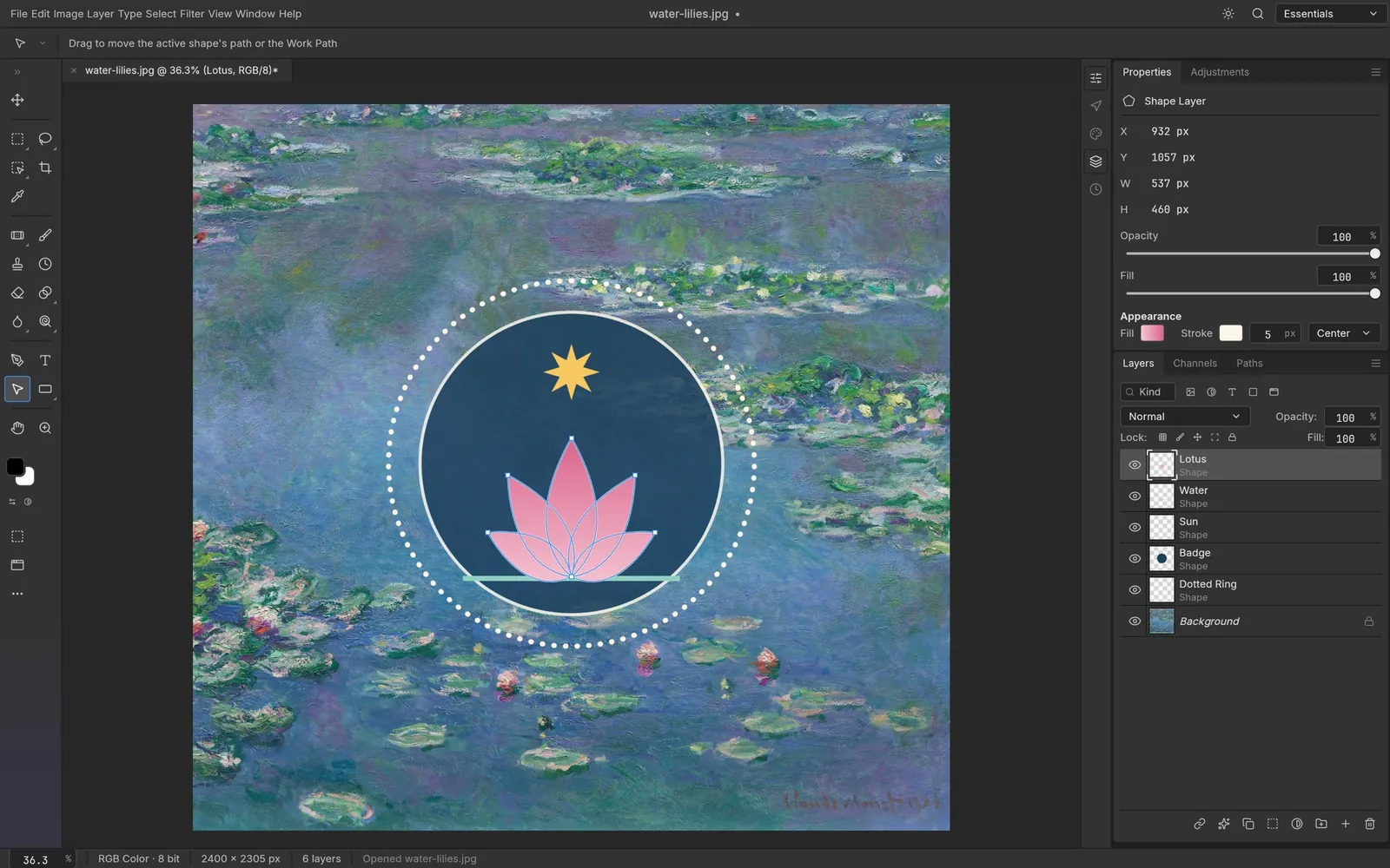 A lotus badge built from shape layers over Monet's Water Lilies